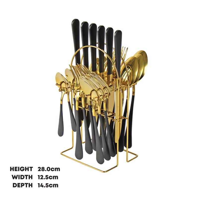 Cutlery Set 25pc Gold-White or BLACK-GOLD Knife x 6, Fork x 6, Table Spoon x 6, Desert Spoon x 6, Stand