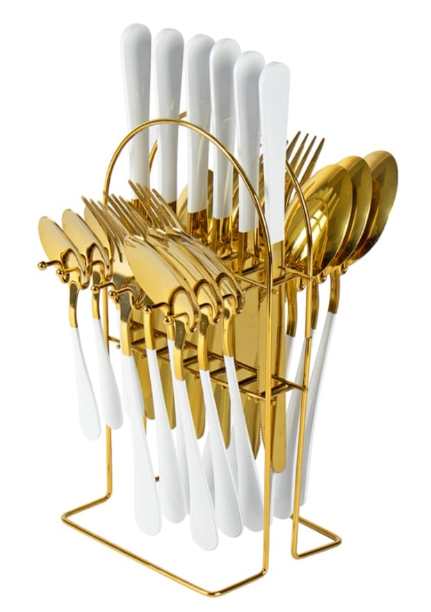 Cutlery Set 24pc Gold-White Knife x 6, Fork x 6, Table Spoon x 6, Desert Spoon x 6, Stand