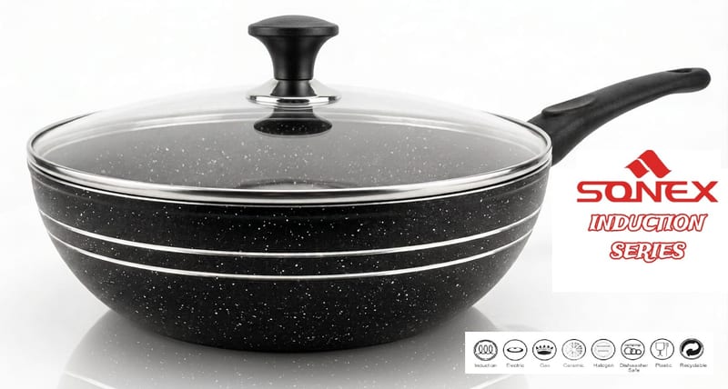 Sonex MARBLE COATING Non Stick, Classic Wok With Lid, 32CM (INDUCTION)