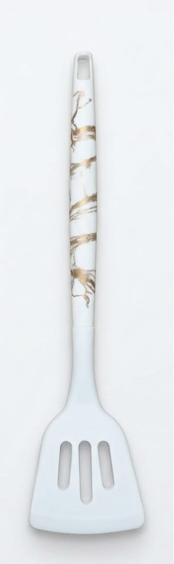 White/Gold Marble-Patterned Handle Silicone Slotted Turner 33cm — image 1