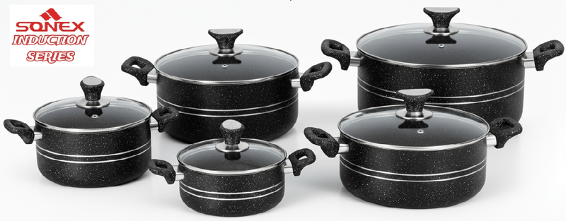 Non-Stick 5 Pieces Marble Coated Casserole Set With Glass Lid (INDUCTION) BLACK