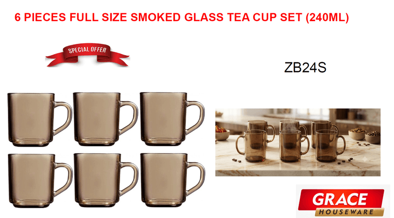 6 PIECES FULL SIZE SMOKED GLASS TEA CUP SET (240ML)
