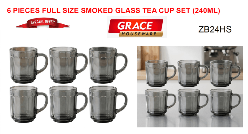 6 PIECES FULL SIZE SMOKED GLASS TEA CUP SET (240ML)